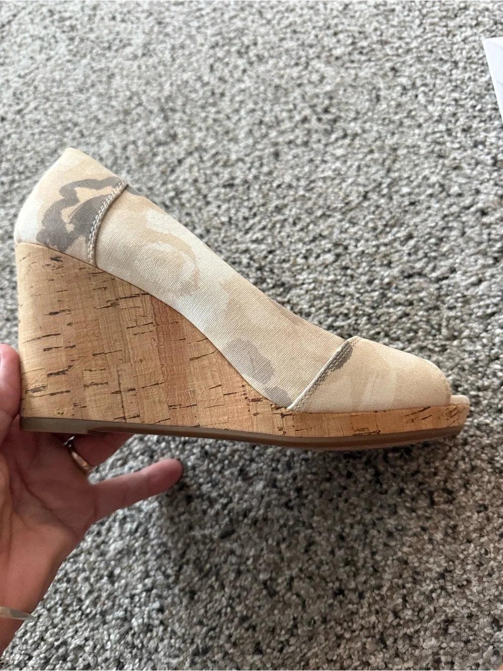 TOMS Beige Camouflage Peep-Toe Wedge Pumps